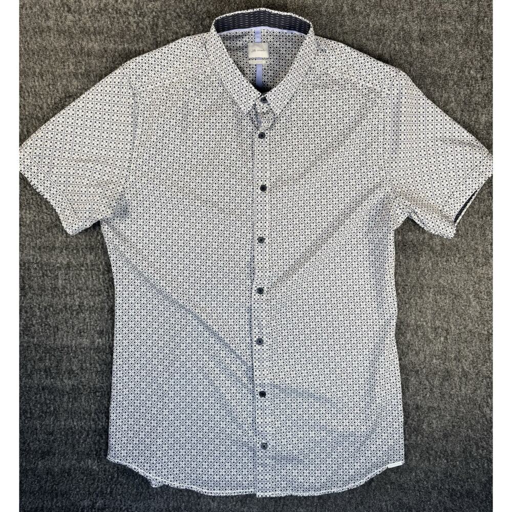 Mens JB Holt Tailored Short Sleeve Button Up Black & Gray Geometric Print Large